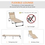Outsunny Foldable Reclining Sun Lounger Lounge Chair Camping Bed Cot With Pillow 5-level Adjustable Back Aluminium Frame Khaki