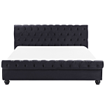 Waterbed Black Velvet Upholstery Black Wooden Legs Super King Size 6ft Buttoned Glam Beliani