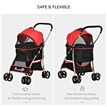 Pawhut Pet Stroller Detachable 3-in-1 Dog Pushchair Cat Travel Carriage Foldable Bag W/ Universal Wheel, Brake Canopy For Xs & S Sized Pets, Red