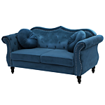 Sofa Blue Velvet 2 Seater Nailhead Trim Button Tufted Throw Pillows Rolled Arms Glam Beliani