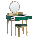 Dressing Table Green And Gold Mdf 4 Drawers Led Mirror Stool Living Room Furniture Glam Design Beliani