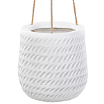 Hanging Plant Pot Off-white Fibre Clay ⌀ 20 Cm Round Jute String Flower Pot Embossed Pattern Beliani