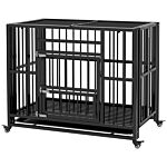 Pawhut 37" Heavy Duty Dog Crate, Foldable Dog Cage, With Openable Top, Locks, Removable Tray, Wheels - Black