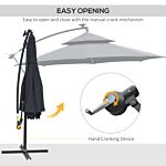 Outsunny 3(m) Cantilever Banana Parasol Hanging Umbrella With Double Roof, Led Solar Lights, Crank, 8 Sturdy Ribs And Cross Base, Black