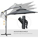 Outsunny 3(m) Cantilever Banana Parasol Hanging Umbrella With Double Roof, Led Solar Lights, Crank, 8 Sturdy Ribs And Cross Base, Black