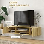 Homcom Floating Tv Stand Cabinet For Tvs Up To 60 Inch, Media Entertainment Center With Open Shelf, Storage Cupboard, Natural Wood Effect