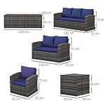 Outsunny 6 Pieces Outdoor Rattan Wicker Sofa Set Sectional Patio Conversation Furniture Set W/ Storage Table & Cushion Navy Blue