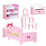 Zonekiz 5pcs Kids Bedroom Furniture Set With Bed, Toy Box Bench, Storage Unit, Dressing Table And Stool, Princess Themed, For 3-6 Years Old, Pink