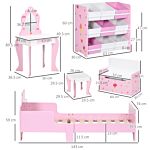 Zonekiz 5pcs Kids Bedroom Furniture Set With Bed, Toy Box Bench, Storage Unit, Dressing Table And Stool, Princess Themed, For 3-6 Years Old, Pink