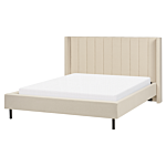 Eu King Size Bed Frame Beige Boucle Fabric 5ft3 Upholstered Headboard Slatted Base Black Legs Modern Design Beliani