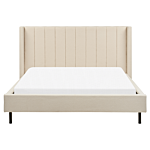 Eu King Size Bed Frame Beige Boucle Fabric 5ft3 Upholstered Headboard Slatted Base Black Legs Modern Design Beliani