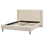 Eu King Size Bed Frame Beige Boucle Fabric 5ft3 Upholstered Headboard Slatted Base Black Legs Modern Design Beliani