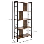Homcom Industrial Storage Shelf Bookcase Closet Floor Standing Display Rack With 5 Tiers, Metal Frame For Living Room & Study, Rustic Brown