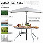 Outsunny Glass Top Garden Table Curved Metal Frame W/ Parasol Hole 4 Legs Outdoor Balcony Sturdy Friends Family Dining Table -grey