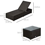 Outsunny 3pc Rattan Sun Lounger Garden Outdoor Wicker Recliner Bed Side Table Set Patio Furniture Dark Coffee