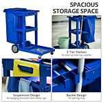 Homcom Cleaning Carts On Wheels, Janitorial Trolley With 3 Tier Shelves, Housekeeping Utility Service Unit With Rubbish Bag And Mop Mount For Hotel, Office, Blue