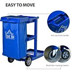 Homcom Cleaning Carts On Wheels, Janitorial Trolley With 3 Tier Shelves, Housekeeping Utility Service Unit With Rubbish Bag And Mop Mount For Hotel, Office, Blue