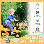 Homcom Licensed Cat Kids Construction Ride On With Manual Bucket, Toddler Digger Excavator With Horn Under Seat Storage, Foot To Floor Ride On Toy