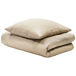 Duvet Cover And Pillowcase Set Sand Beige Striped Sateen Cotton 200 X 220 Cm Modern Bedroom Beliani