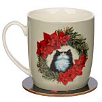 Christmas Porcelain Mug & Coaster Set - Kim Haskins Christmas Wreath Cat