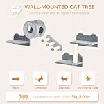 Pawhut 4pcs Wall Mounted Cat Tree Cat Wall Furniture With Platforms, Steps, Scratching Post, Perch, Cat Condo For Indoor Cat - Grey