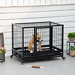 Pawhut 38" Heavy Duty Metal Dog Kennel Pet Cage With Crate Tray And Wheels - Black (medium)