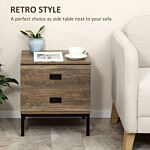 Homcom Retro Bedside Table, End Side Table With 2 Drawers, Metal Frame For Bedroom, Living Room, Coffee