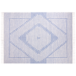 Rug Off-white Blue Cotton Wool 160 X 230 Cm Geometric Pattern Runes Tribal Tassels Oriental Beliani
