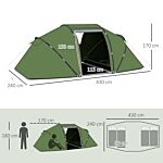 Outsunny 4-6 Man Camping Tent W/ Two Bedroom, Hiking Sun Shelter, Uv Protection Tunnel Tent, Dark Green