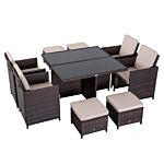 Outsunny 9pc Rattan Garden Furniture Set 8-seater Wicker Outdoor Dining Set Chairs + Footrest + Table Thick Cushion - Brown