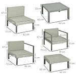 Outsunny 6 Pieces Patio Furniture Set With Sofa, Armchair, Stool, Metal Table, Cushions, For Outdoor, Light Grey