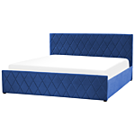 Storage Bed Blue Velvet Upholstery Eu Super King 6ft With Slatted Base Diamond-tufted Headboard Beliani