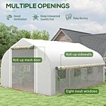 Outsunny 4x3m Walk-in Polytunnel Greenhouse, Zipped Roll Up Sidewalls, Tunnel Warm House Tent W/ Pe Cover, Complimentary Plant Labels & Gloves