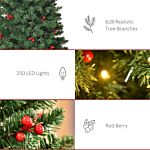 Homcom 6ft Prelit Artificial Pencil Christmas Tree With Warm White Led Light, Red Berry, Holiday Home Xmas Decoration, Green