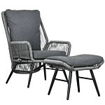 Outsunny 2 Pcs Pe Rattan Leisure Chair Set, Outdoor Reclining Patio Chair And Footrest W/ Adjustable Backrest & Cushion, Grey