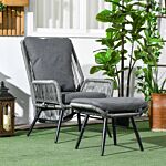 Outsunny 2 Pcs Pe Rattan Leisure Chair Set, Outdoor Reclining Patio Chair And Footrest W/ Adjustable Backrest & Cushion, Grey