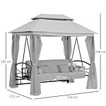 Outsunny 2-in-1 Convertible Swing Chair Bed 3 Seater Hammock Gazebo Patio Bench Cushioned Seat Mesh Curtains - Grey