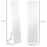 Homcom Standing Dressing Mirror With Led Lights, Wall Dressing Mirror For Bedroom With Dimmable And 3 Colour Lighting, White