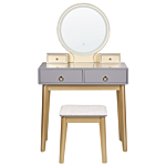 Dressing Table Grey And Gold Mdf 4 Drawers Led Mirror Stool Living Room Furniture Glam Design Beliani