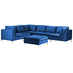 Right Hand Modular Corner Sofa Blue Velvet 6 Seater With Ottoman L-shaped Silver Metal Legs Glamour Style Beliani