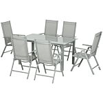 Outsunny 7 Piece Garden Dining Set, Outdoor Table And 6 Folding And Reclining Chairs, Aluminium Frame, Tempered Glass Top Table, Texteline Seats, Grey