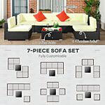 Outsunny 7 Pieces Pe Rattan Garden Furniture Set W/ Thick Padded Cushion, Patio Garden Corner Sofa Sets W/ Glass Coffee Table And Pillows