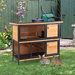 Pawhut 2-floor Wooden Rabbit Hutch Bunny Cage Metal Frame Pet House With Slide-out Tray Feeding Trough Ramp Lockable Door Openable Roof