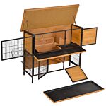 Pawhut 2-floor Wooden Rabbit Hutch Bunny Cage Metal Frame Pet House With Slide-out Tray Feeding Trough Ramp Lockable Door Openable Roof