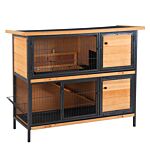 Pawhut 2-floor Wooden Rabbit Hutch Bunny Cage Metal Frame Pet House With Slide-out Tray Feeding Trough Ramp Lockable Door Openable Roof