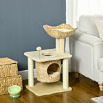Pawhut Cat Tree For Indoor Cats With Scratching Posts, Cat House, Bed, Toy Ball, Beige