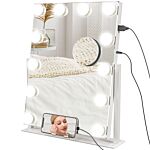 Homcom Hollywood Vanity Mirror With Lights, 37x46 Cm Lighted Makeup Mirror With 3 Colour, 12 Led Bulbs, 10x Magnifying, Usb Charging Port, Phone Holder, 360° Rotation, Touch Screen