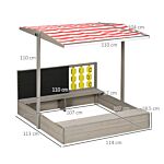 Outsunny Kids Wooden Sandpit, Sandbox With Canopy & Seats, For Gardens - Grey