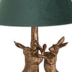 Antique Gold Marching Hares Lamp With Green Velvet Shade