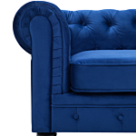 Chesterfield Living Room Set Blue Velvet Fabric Upholstery Dark Wood Legs 3 Seater Sofa + Armchair Contemporary Beliani